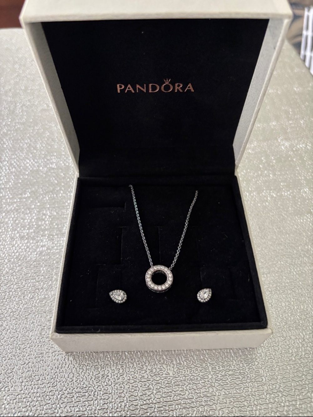 Pandora Silver Pavé Circle Pendant Necklace with Teardrop Studs - Silver